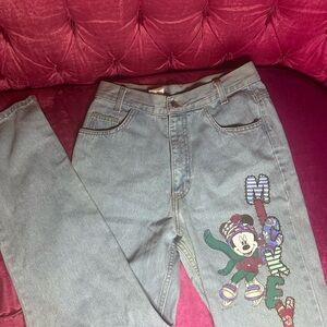 90s Vintage Disney Women's Blue Jeans with Mickey Mouse Design